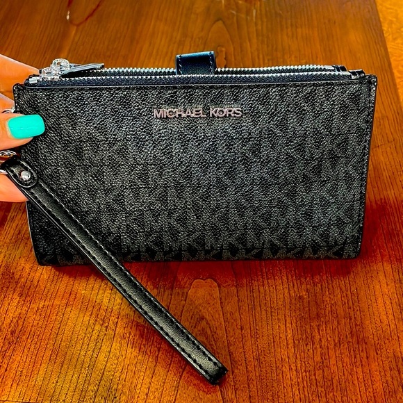 NWT MICHAEL KORS Jet Set Travel collection double zip wristlet wallet blk gray - Picture 1 of 17